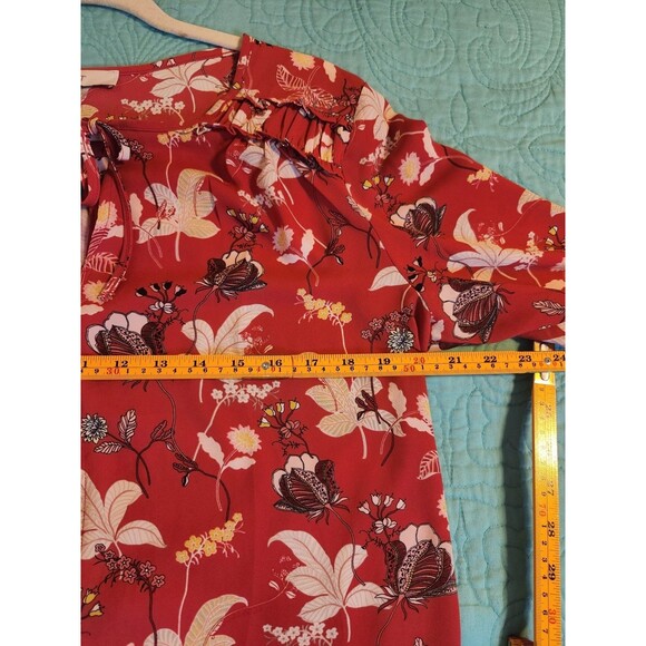 Loft Size Medium RedFloral Tie Neck Blouse Peplum Ruffle Hem Top Career Wear - Picture 6 of 7